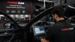 فحص كمبيوتر BMW داخل مركز صيانة متخصص بالرياض